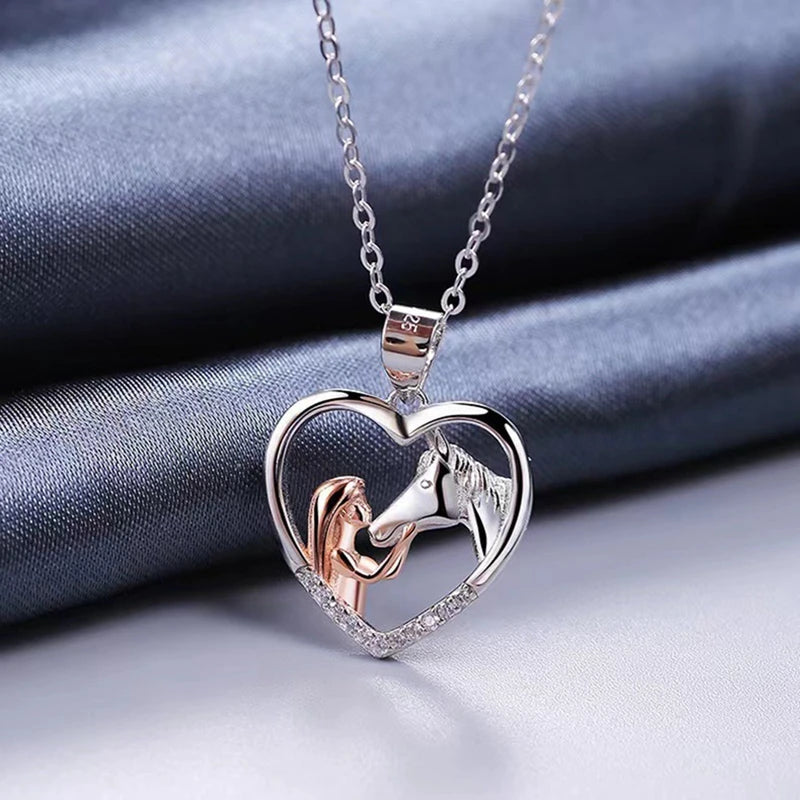Rose Gold &amp; Silver Necklace Aoife with Girl and Horse