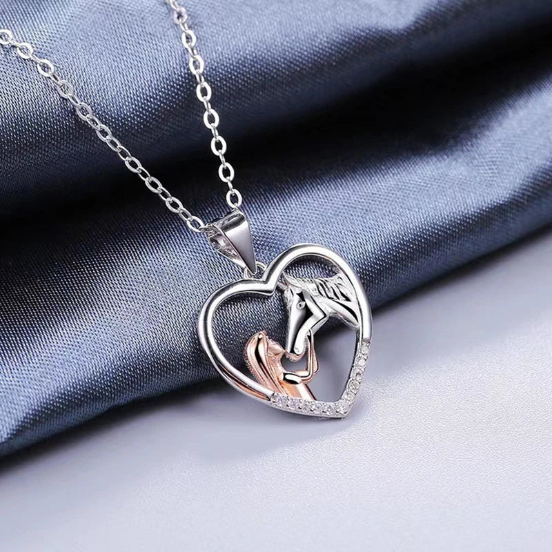Rose Gold &amp; Silver Necklace Aoife with Girl and Horse