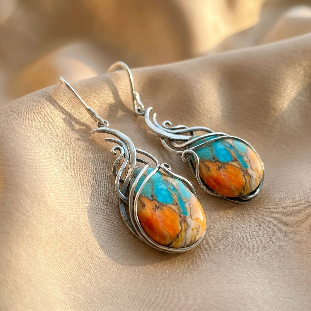 Silver Drop Earrings with Turquoise and Spiny Oyster