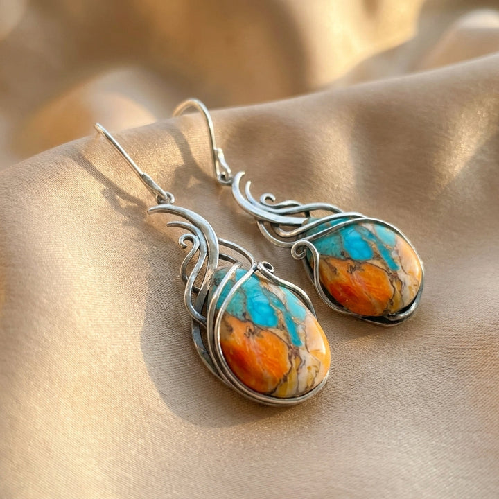 Silver Drop Earrings with Turquoise and Spiny Oyster
