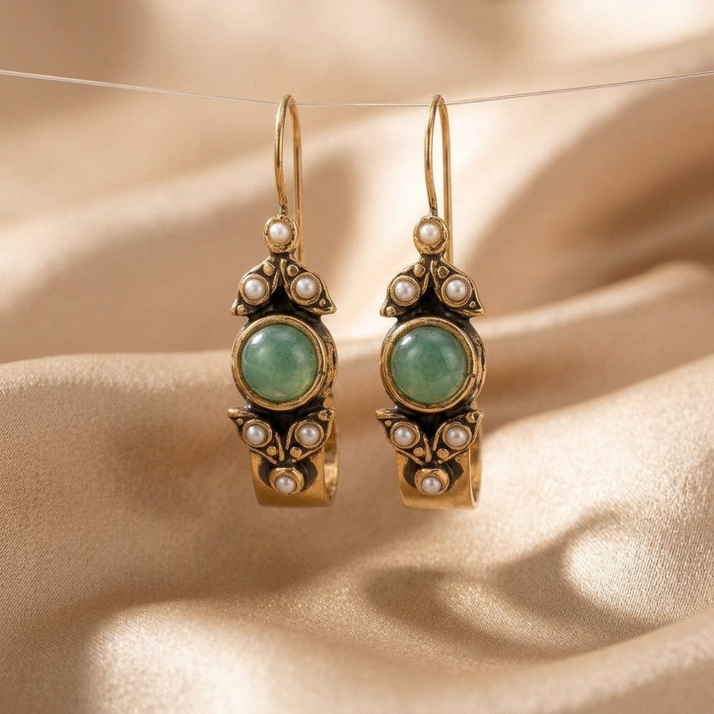 Gold Drop Earrings with Green Cabochon and Pearls