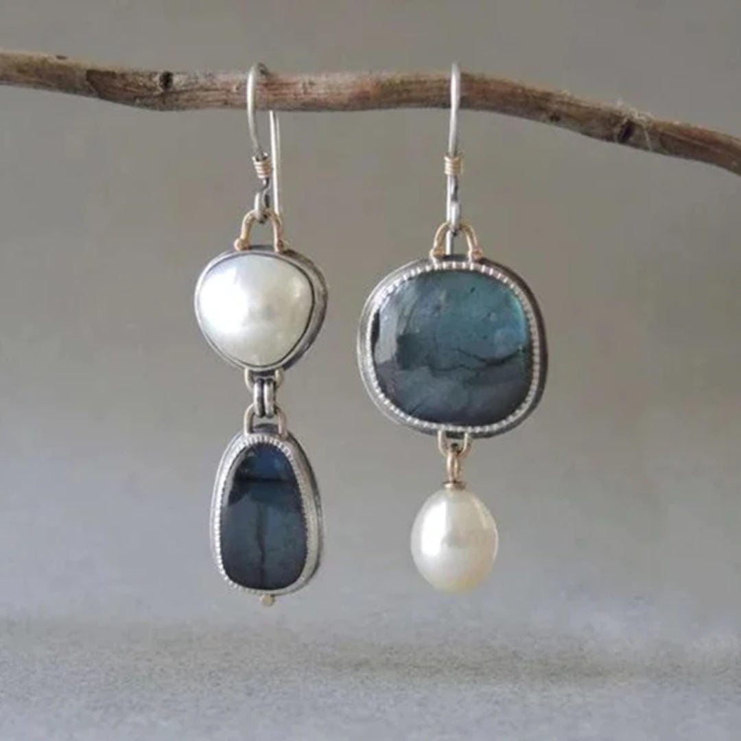 Gold &amp; Silver Drop Earrings with Blue Stones and Pearls