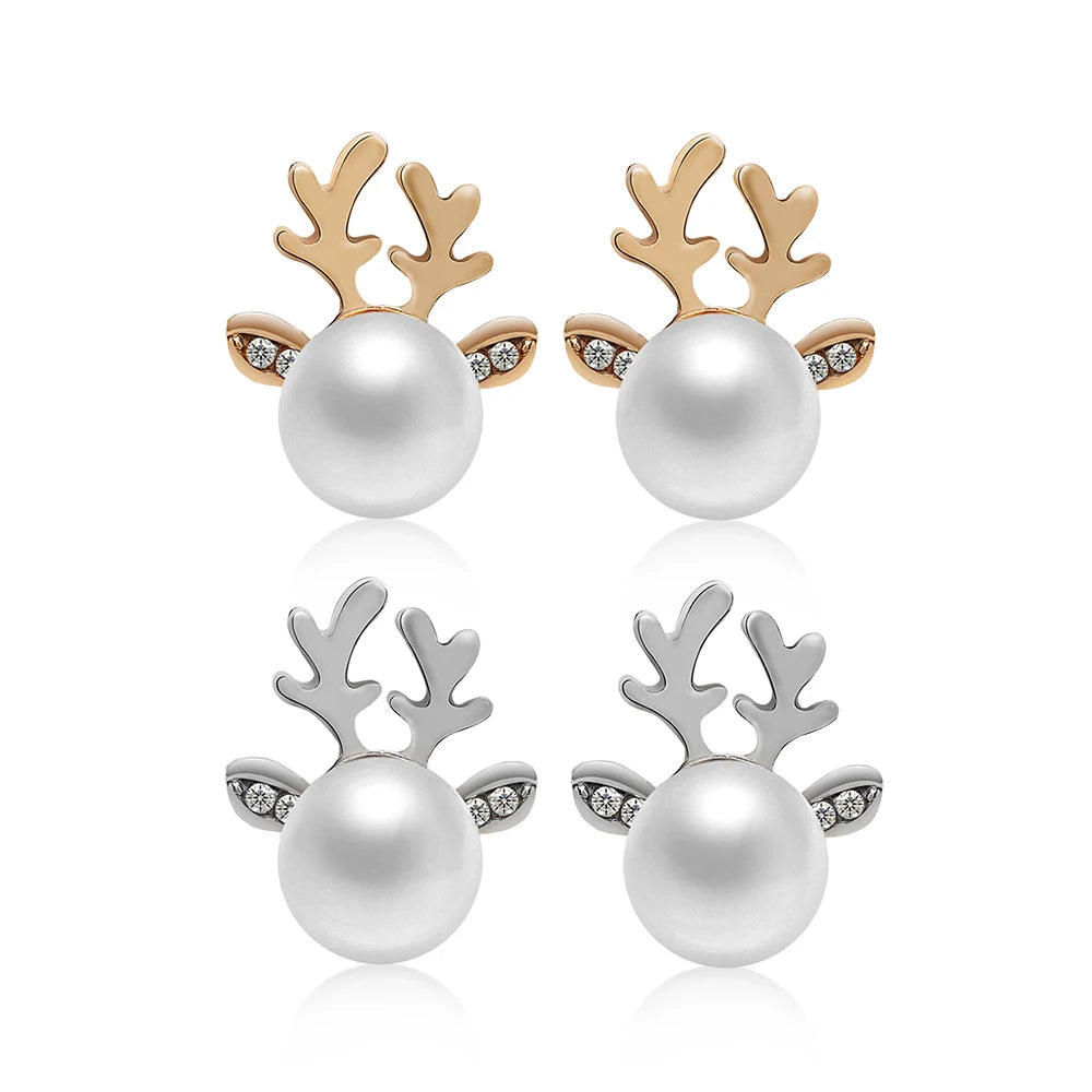 Gold Stud Earrings Neasa with Pearl Reindeer