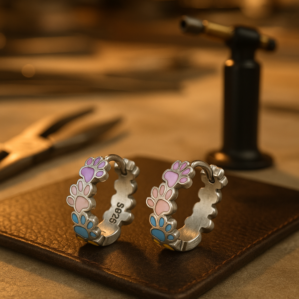 Silver Huggie Earrings Emer with Paw Prints