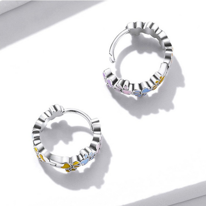 Silver Huggie Earrings Emer with Paw Prints
