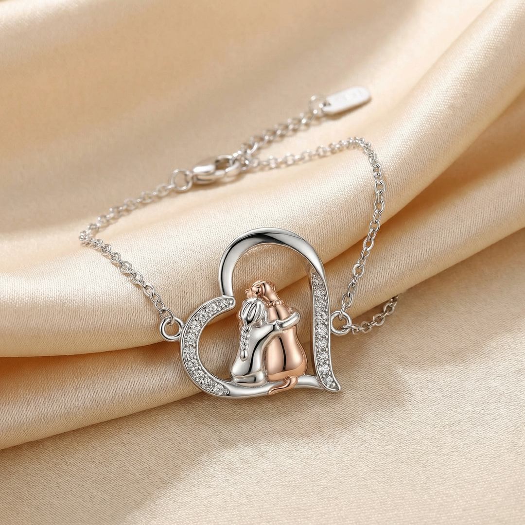 Silver &amp; Rose Gold Necklace with Girl and Dog Motif