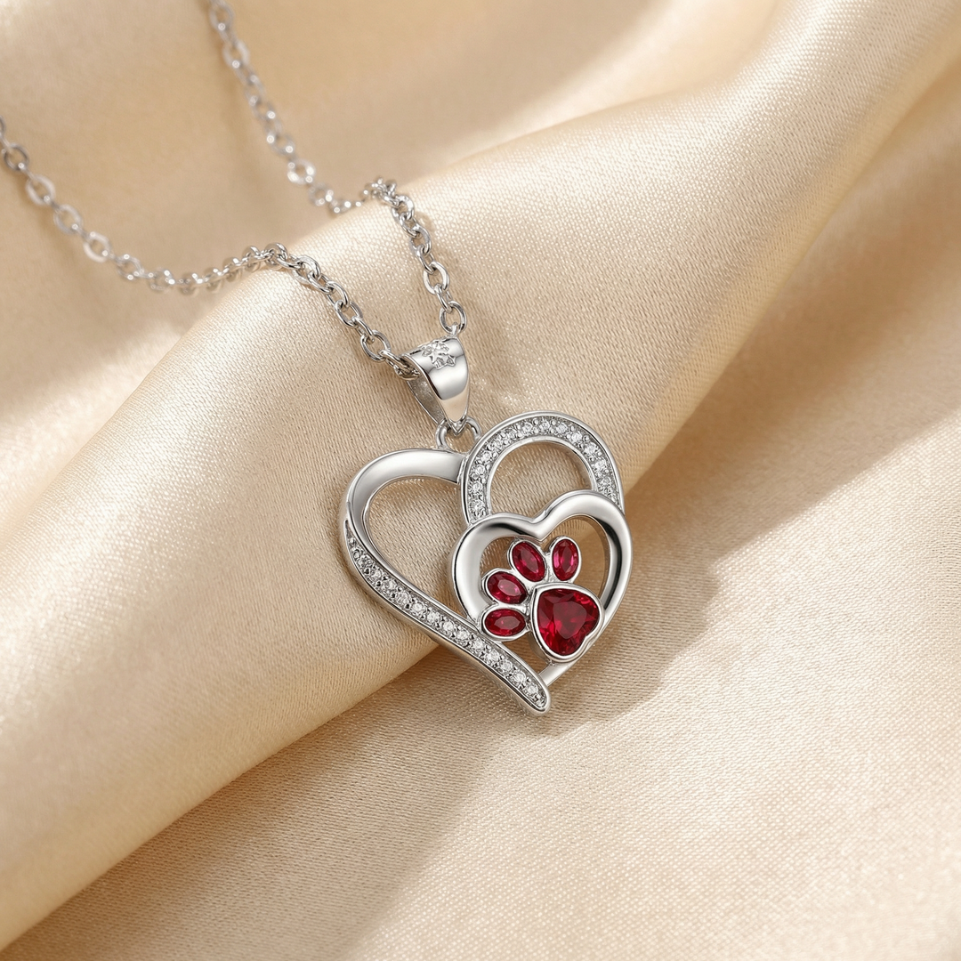 Silver Necklace Fionnuala with Ruby Paw Print Heart