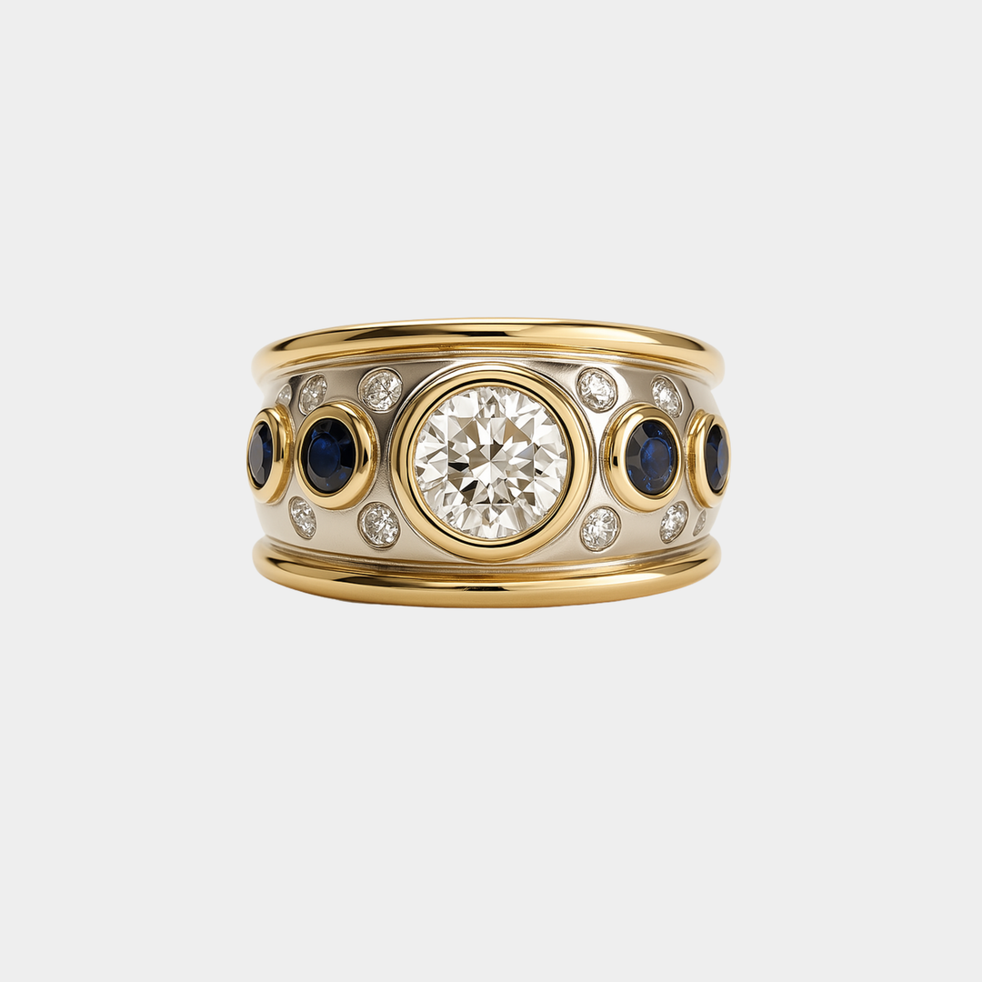 Gold &amp; Silver Band Ring with Sapphires &amp; Zirconia