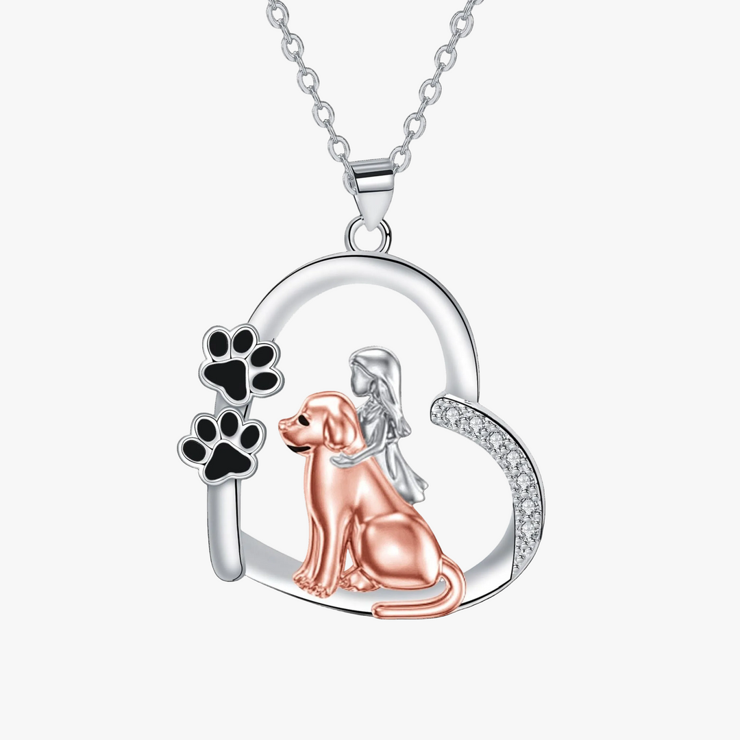 Silver &amp; Rose Gold Necklace with Girl and Dog Motif