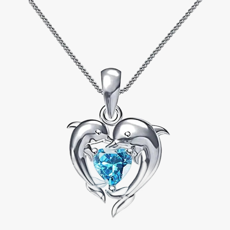 Silver Necklace Muirne with Dolphins and Blue Heart