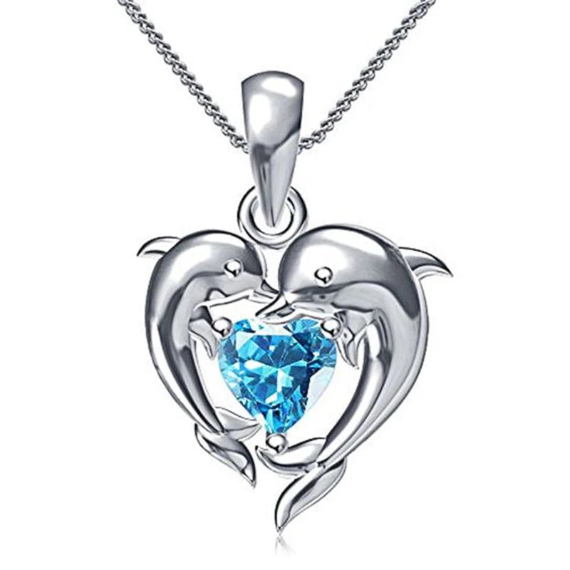 Silver Necklace Sorcha with Dolphins and Blue Heart