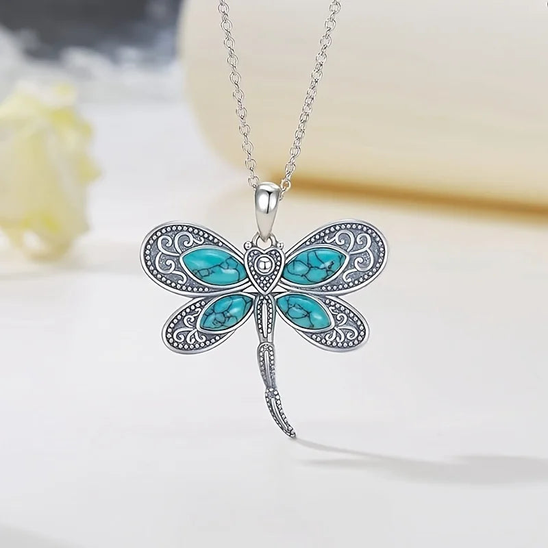 Silver Necklace Cara with Turquoise Dragonfly