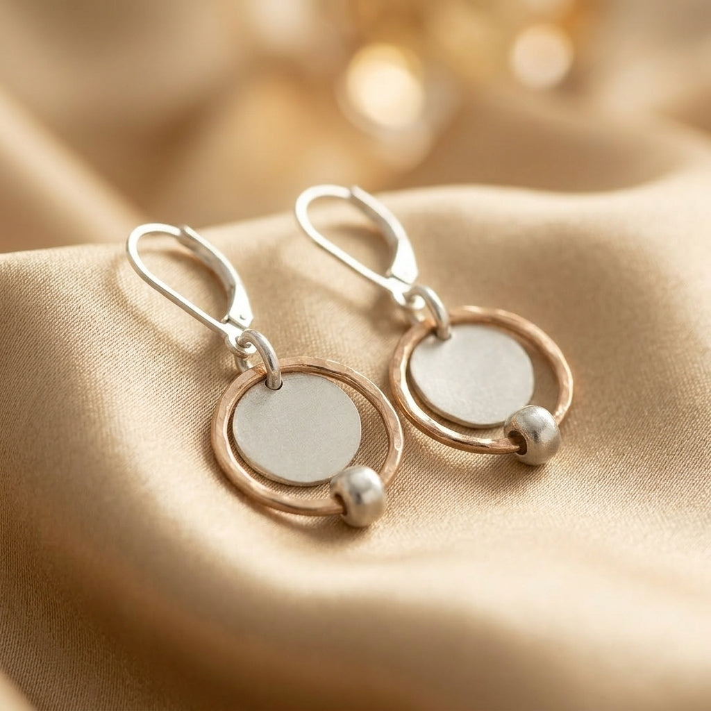 Rose Gold &amp; Silver Drop Earrings with Hammered Disc