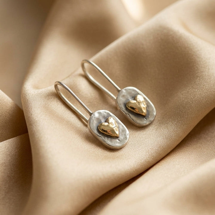 Gold &amp; Silver Drop Earrings Maeve with Heart Motif