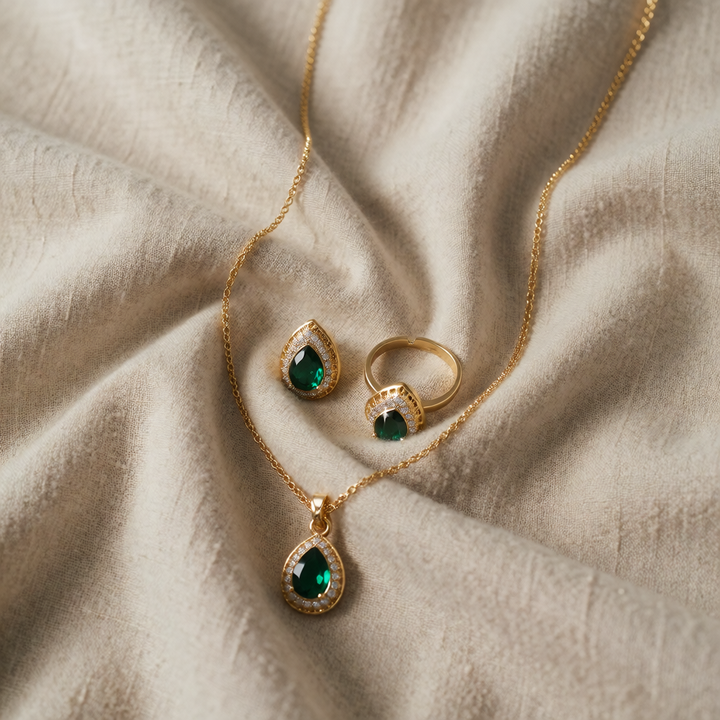 Gold Necklace Set Deirdre with Emerald Drop