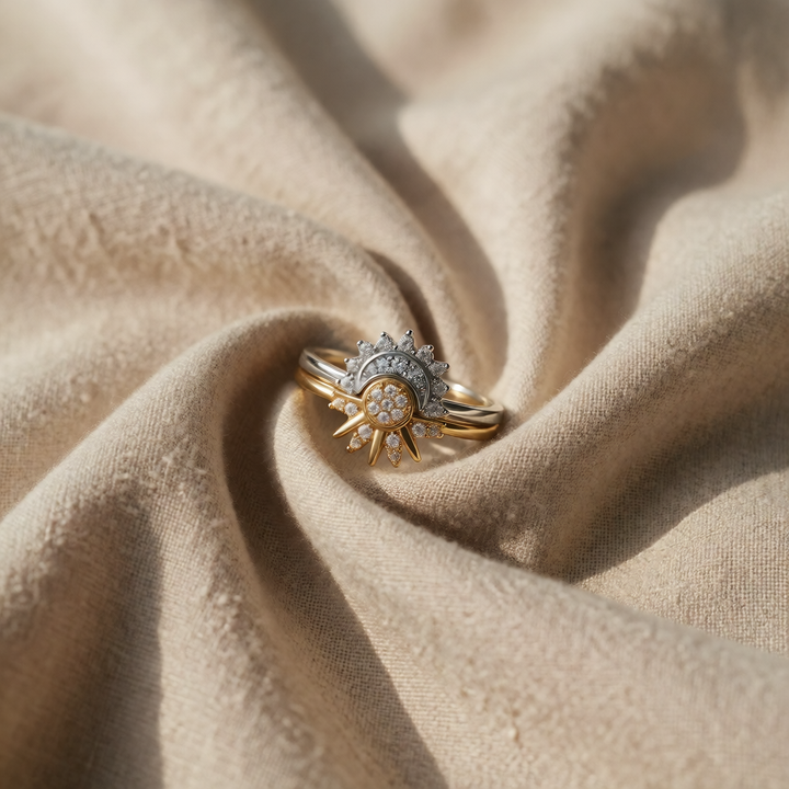 Gold &amp; Silver Ring Set Aoife with Sun &amp; Moon Motif
