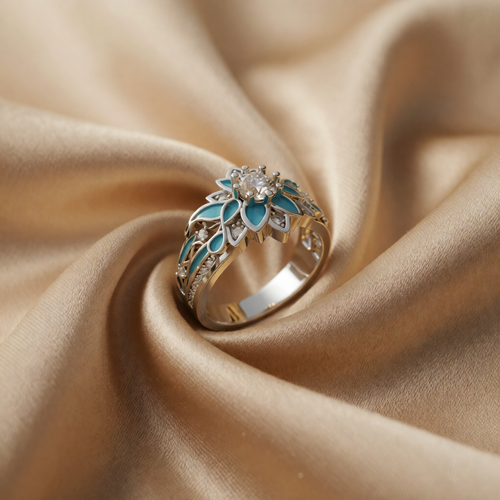 Gold &amp; Silver Ring Dervla with Turquoise Floral Motif