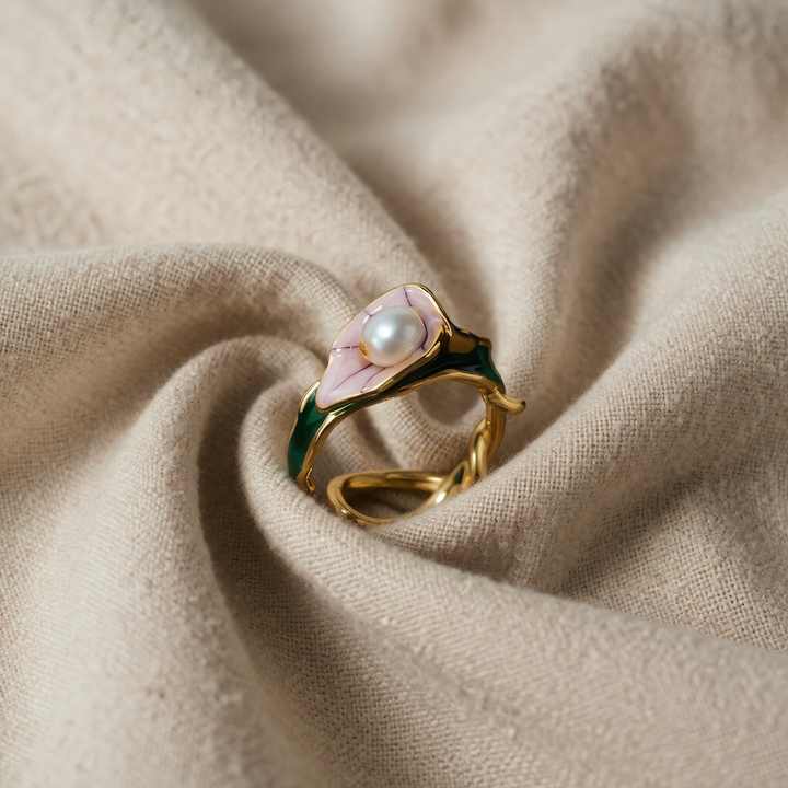 Gold Adjustable Open Ring with Pearl &amp; Lily Motif