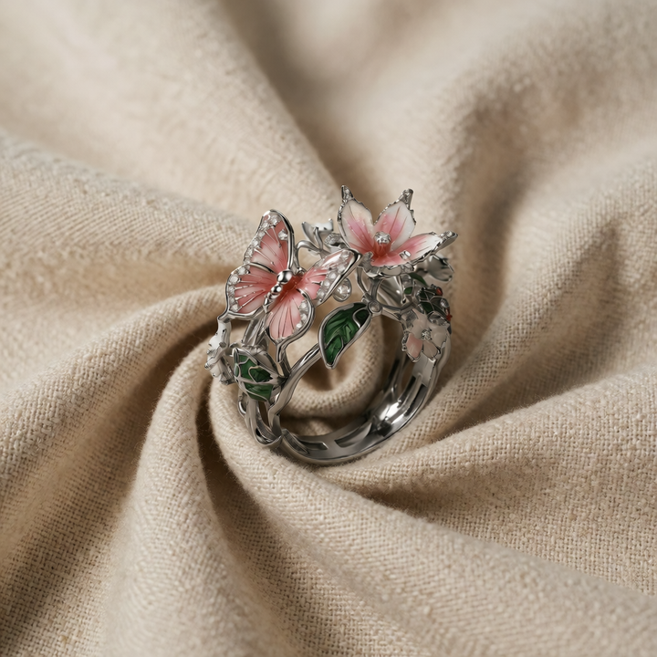 Silver Adjustable Ring with Butterfly &amp; Floral Motif
