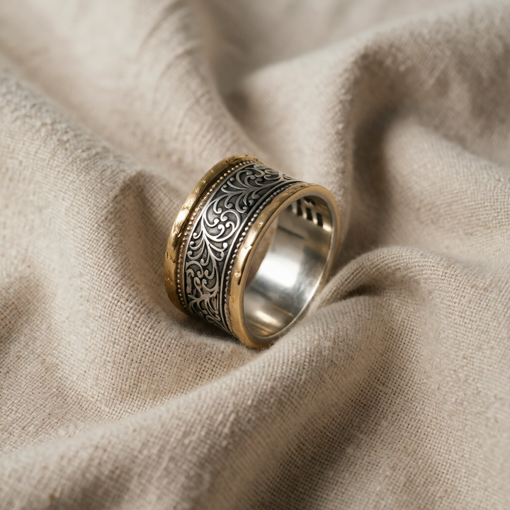 Gold &amp; Silver Band Ring Saoirse with Filigree Motif