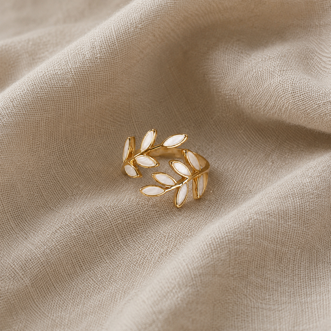 Gold Open Ring Caoimhe with Ivory Leaf Motif