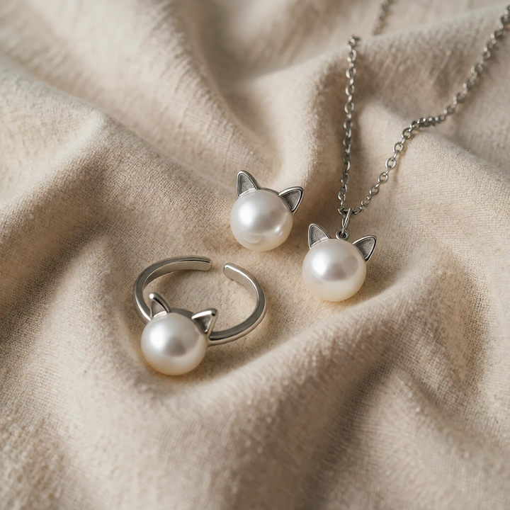 Silver Necklace Set Aoife with Cat and Pearl