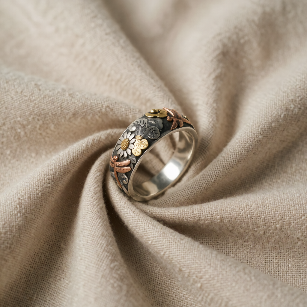 Silver &amp; Gold Ring Gráinne with Floral Motif