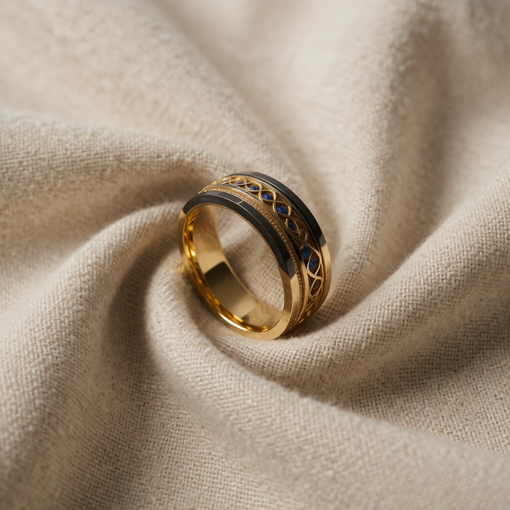 Gold Band Ring Deirdre with Sapphire &amp; Celtic Knot