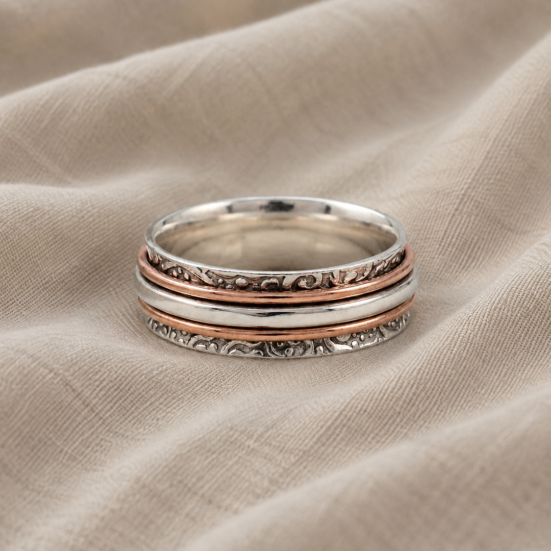 Silver &amp; Rose Gold Spinner Ring Niamh with Scrollwork