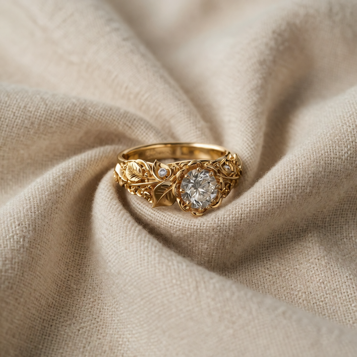 Gold Ring Gráinne with Zirconia &amp; Leaf Motif