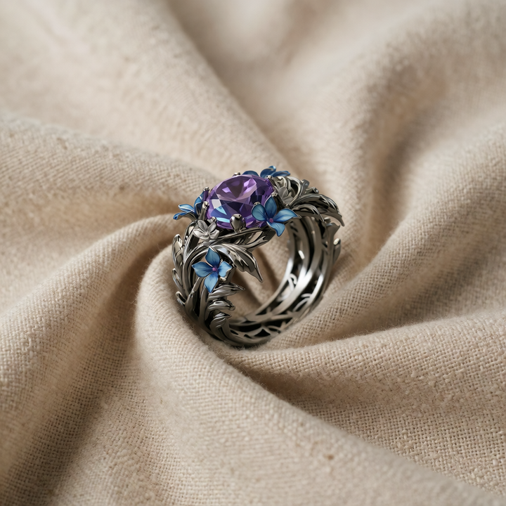 Silver Ring Muirne with Amethyst &amp; Floral Motif