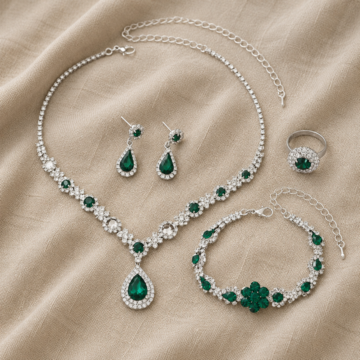 Silver Necklace Set with Emerald Green Crystals and Teardrop