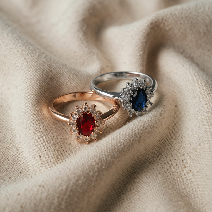 Gold &amp; Silver Halo Ring Clíodhna with Ruby &amp; Sapphire
