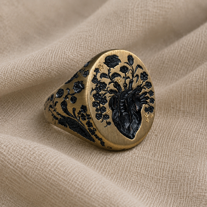 Gold Signet Ring with Anatomical Heart &amp; Floral Motif