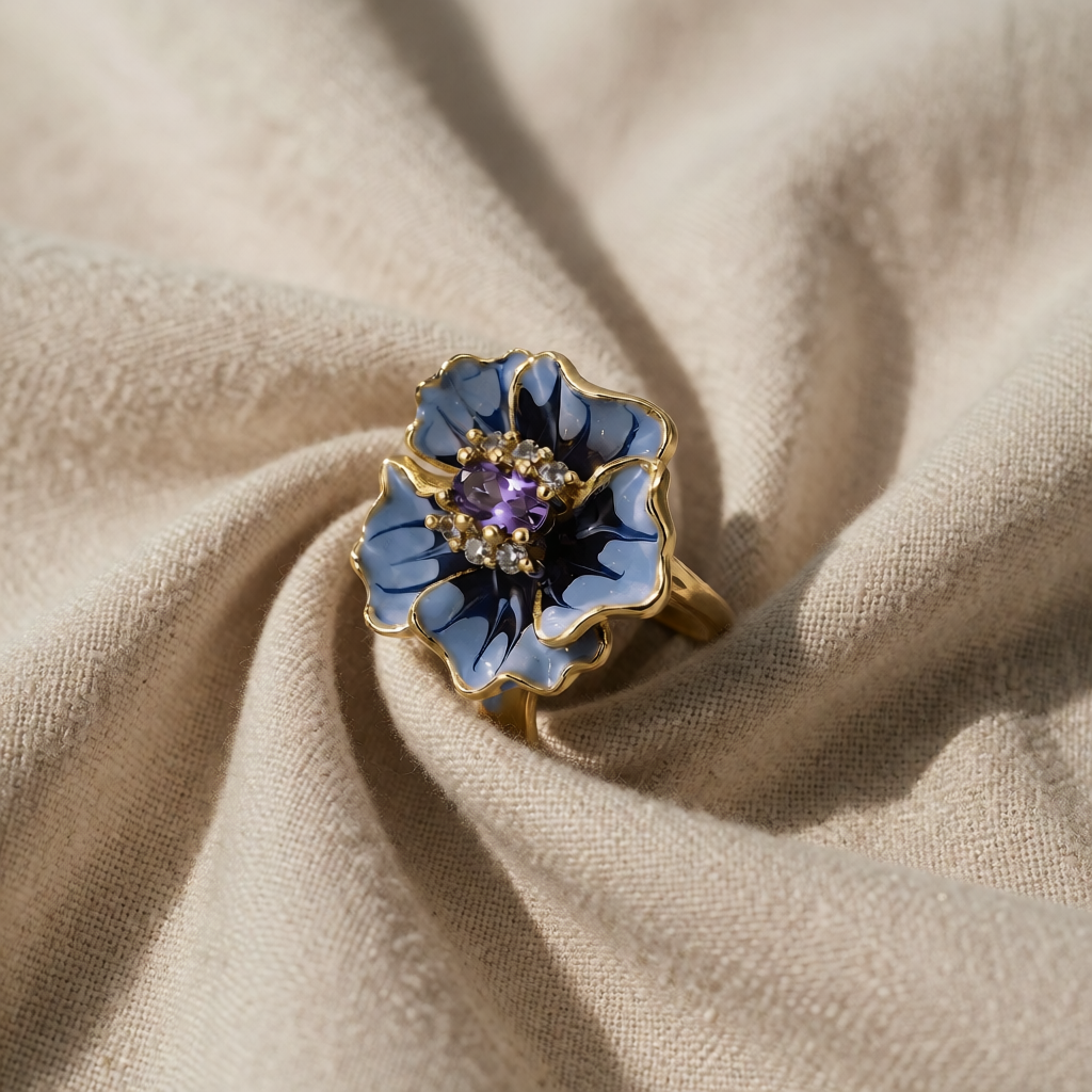 Gold Ring Aisling with Amethyst &amp; Blue Floral Motif