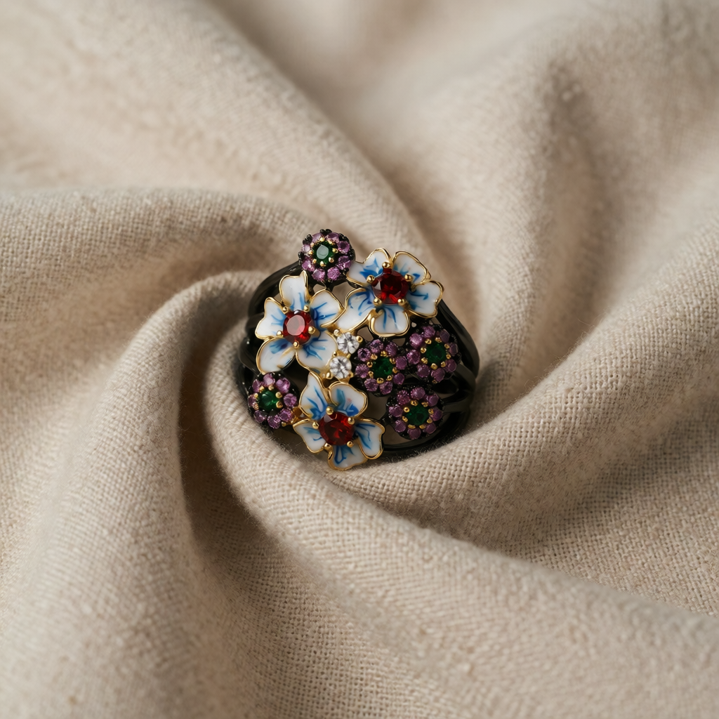 Black-Tone Enamel Ring Deirdre with Floral Motif