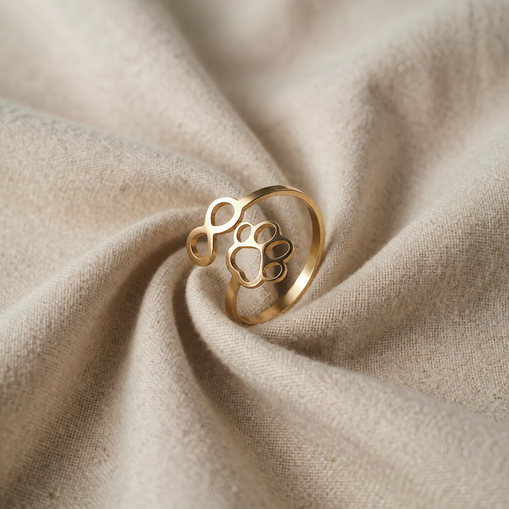 Gold Stainless Steel Ring with Infinity and Paw Print