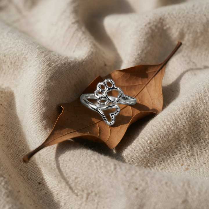 Stainless Steel Adjustable Ring with Paw &amp; Heart Motif