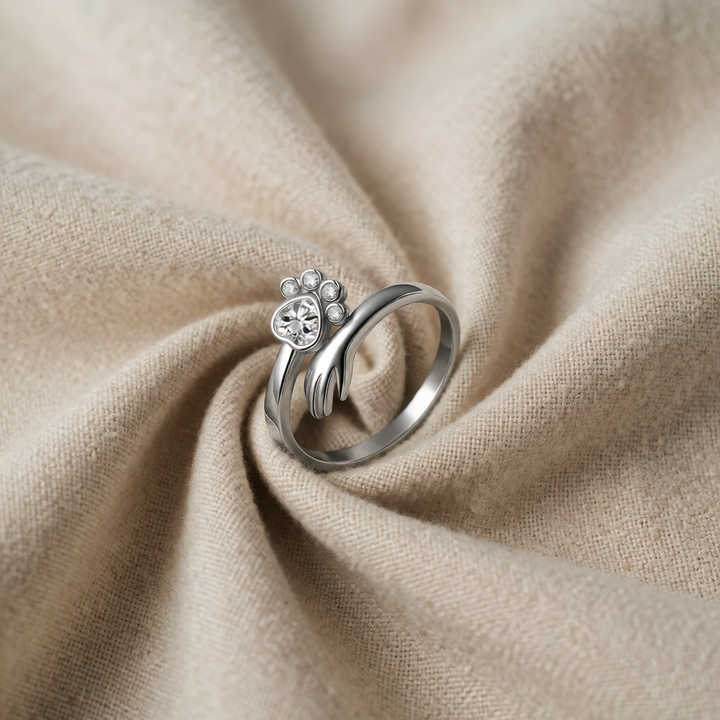 Sterling Silver Adjustable Ring with Crystal Paw &amp; Hand