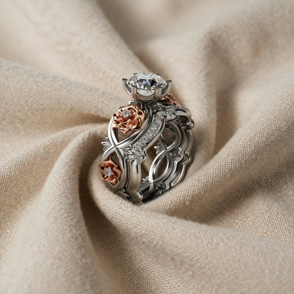 Silver &amp; Rose Gold Ring with Crystal &amp; Floral Motif