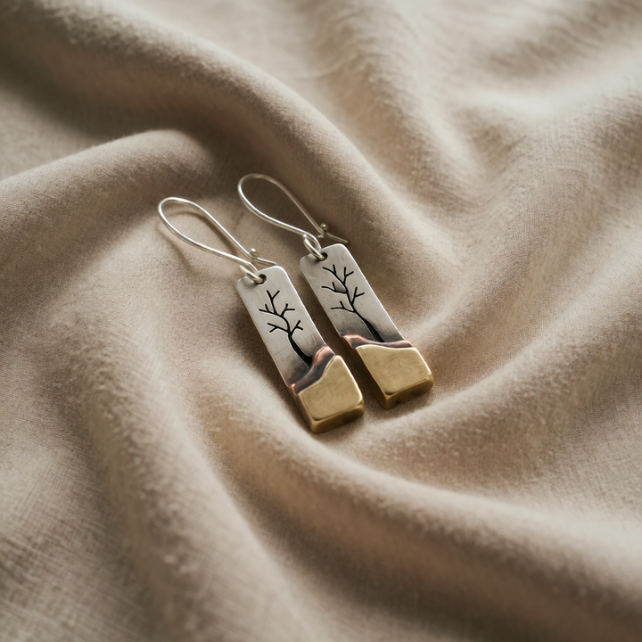 Silver &amp; Gold Drop Earrings Clíona with Tree Motif