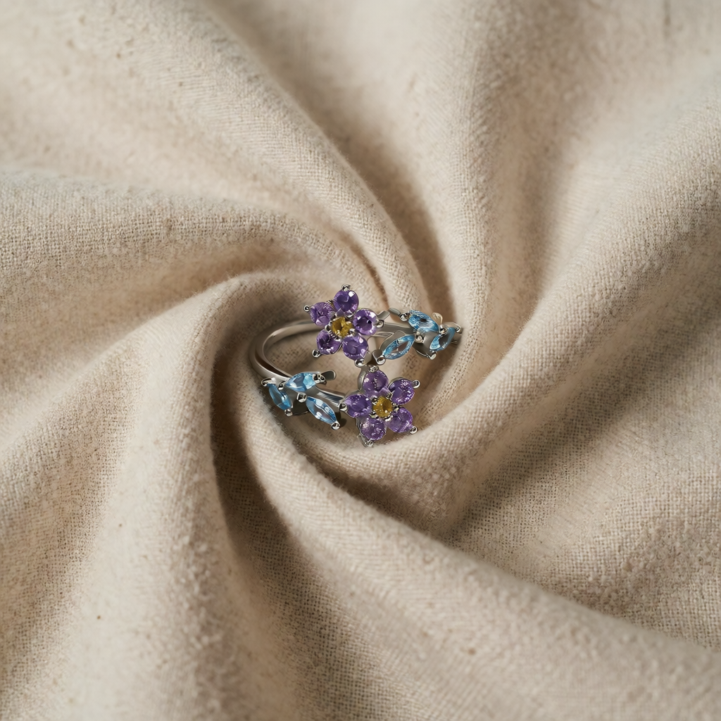 Silver Floral Ring Méabh with Amethyst and Blue Topaz
