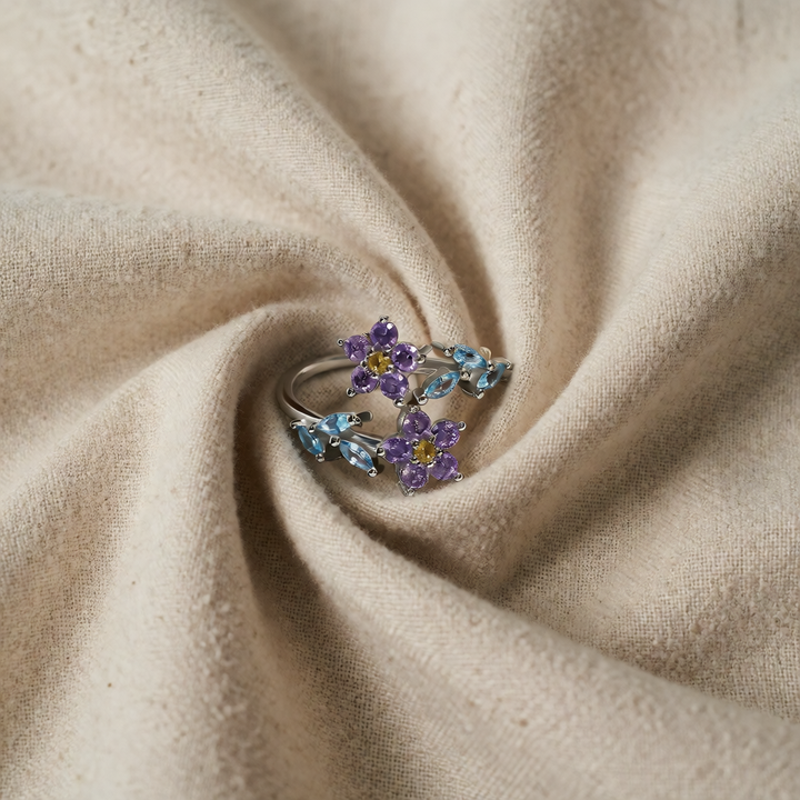 Silver Floral Ring Méabh with Amethyst and Blue Topaz