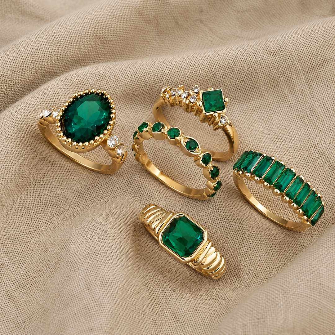 Gold Ring Set Galway with Emerald