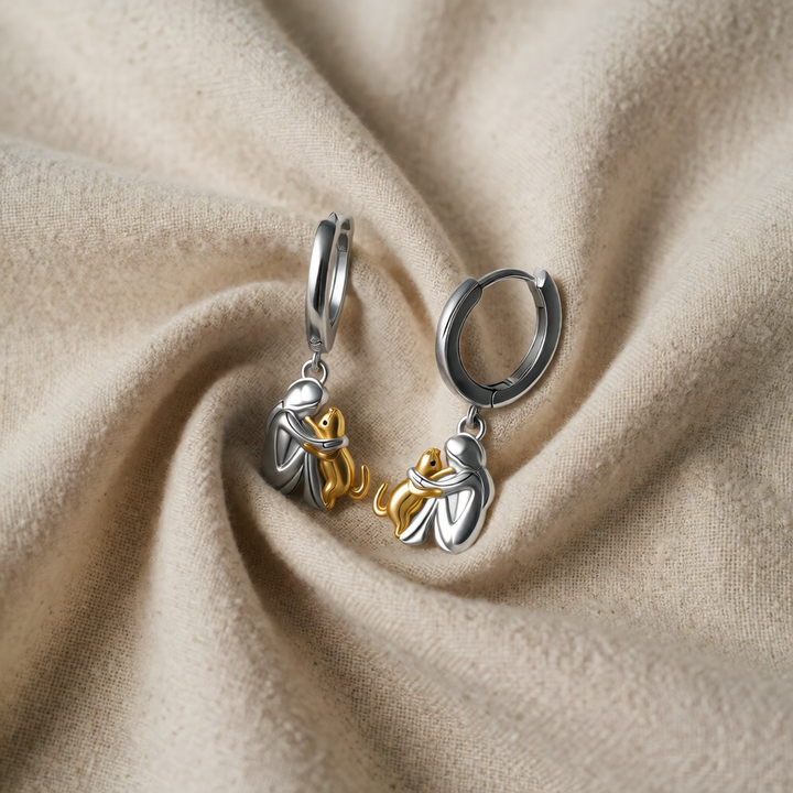 Gold &amp; Silver Hoop Earrings Eithne with Cat Hug Motif