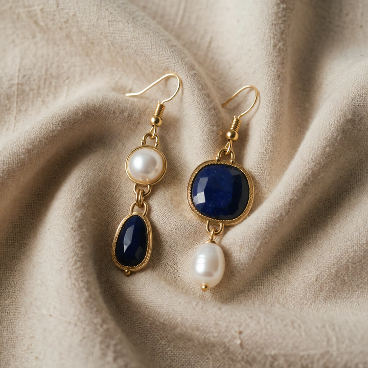 Gold Drop Earrings Riona with Blue Stones and Pearl