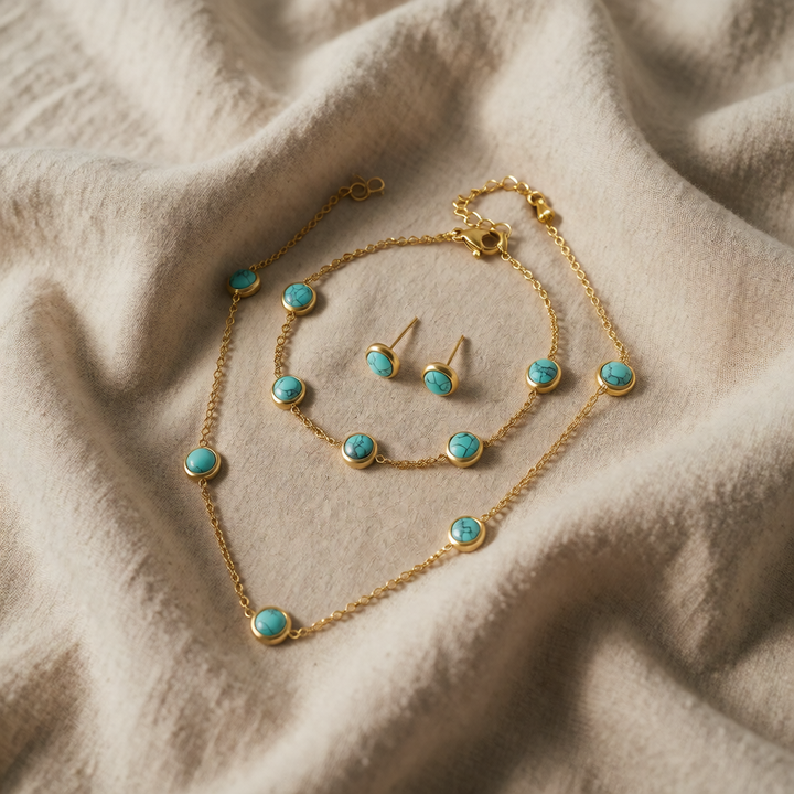 Gold Turquoise Necklace, Earrings and Bracelet Set