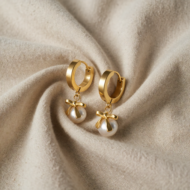 Gold Pearl Bow Drop Earrings Bláthnaid