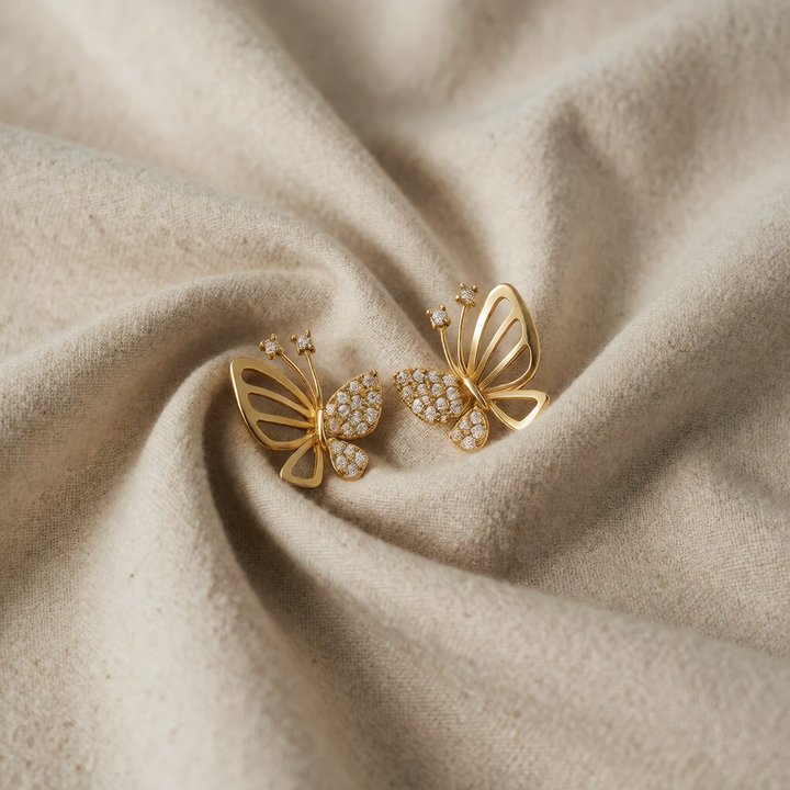 Gold Stud Earrings Treasa with Crystal Butterfly