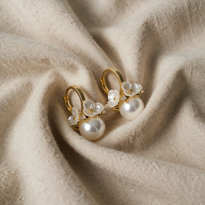 Gold Huggie Earrings with Mother-of-Pearl Flowers and Pearl